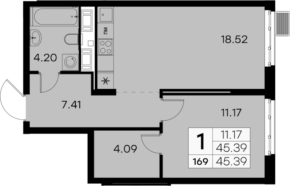 1-комнатная квартира 45.39 м², 5/7 эт., ЖК «Glorax City Балтийская»